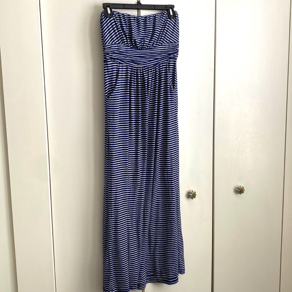 Strapless striped maxi dress